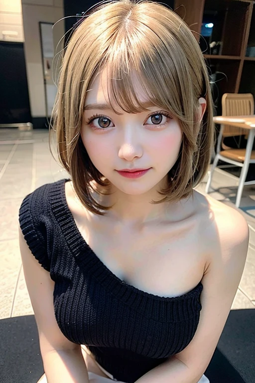 (8K, RAW Photos:1.2)Detailed face and eyes,最high quality, Ultra-high resolution, Very detailed ,Intricate details ,Tabletop ,pretty girl , Soft cinematic light, Hyper Detail,Sharp focus, high quality, Blonde, Bobcut, outside,Knitted dress, Spread your legs, panties