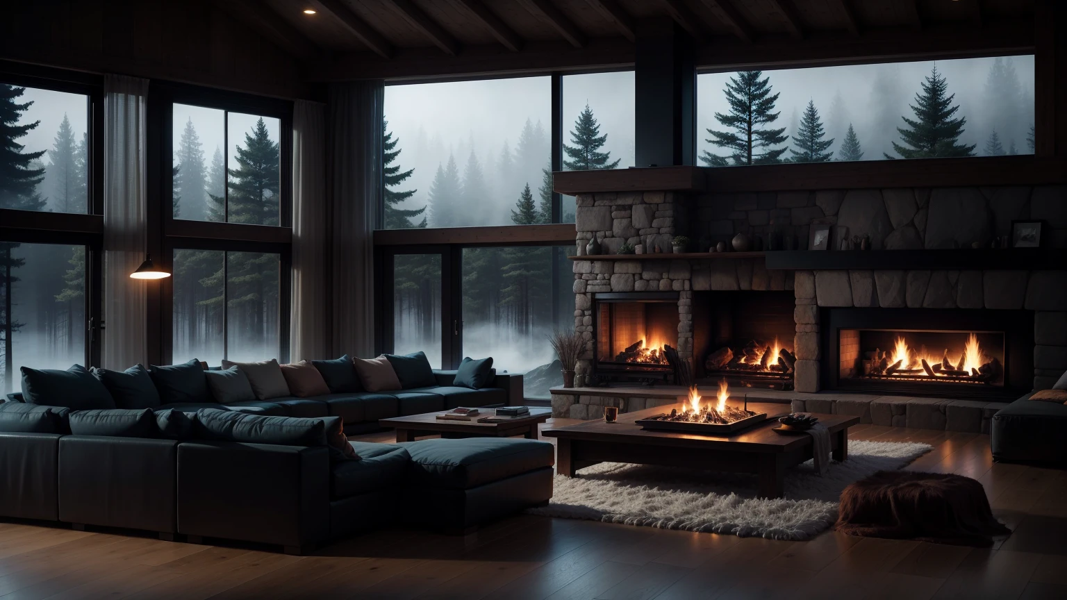 Misty forest edge，Cozy living room with fireplace at night