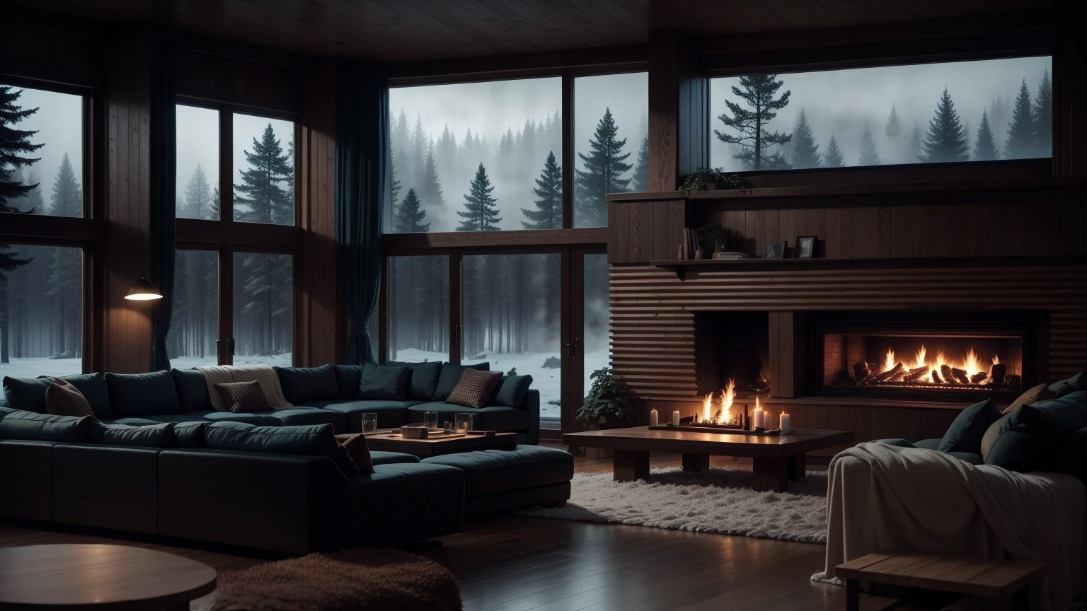 Misty forest edge,Cozy living room with fireplace at night