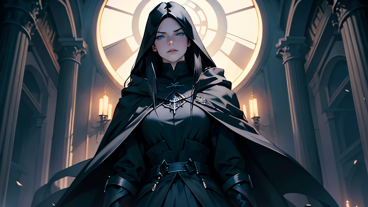 a beautiful woman with long dark hair, detailed facial features, striking blue eyes, full lips, pale skin, wearing a full black cloak, background full of mirrors without borders, looking directly at the camera, full body, bad expression, dark, cinematic lighting, hyper realistic, 8k, photorealistic, masterpiece