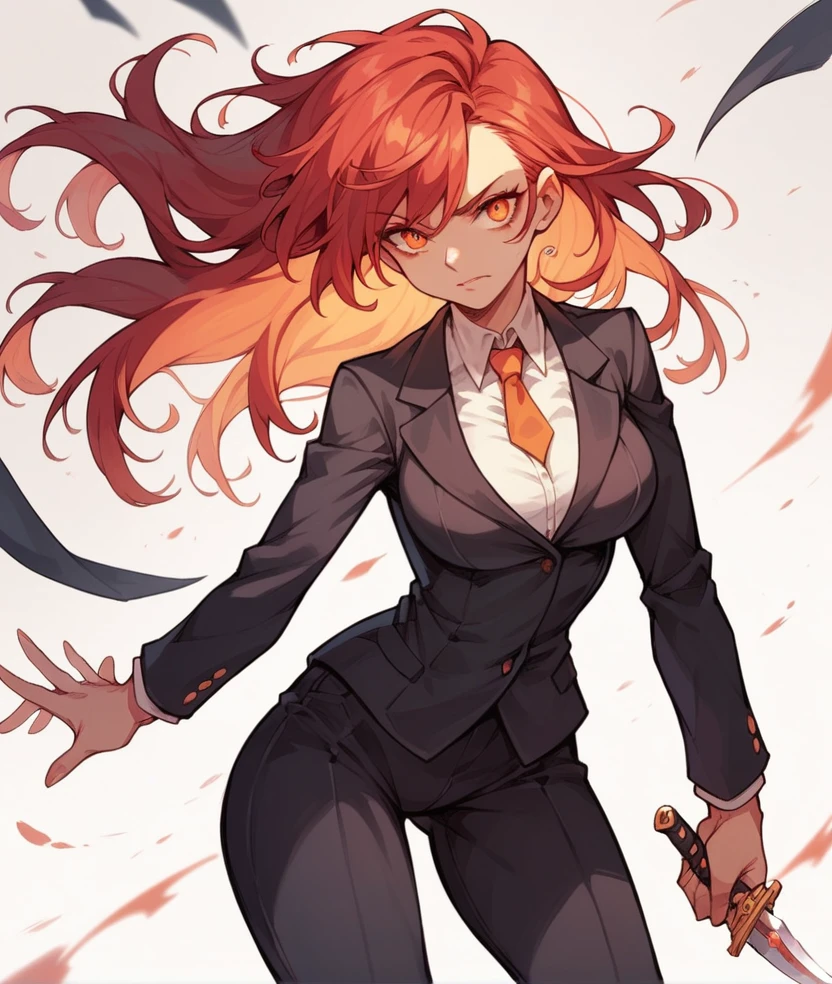 Female,curvy,red hair,orange eye,suit,dagger