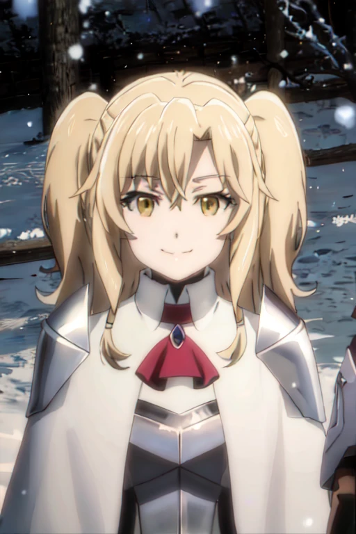 GoblinSlayer, NobleFencer, solo, girl1, looking at viewer, smile, brown eyes, cape, armor, shoulder armor, portrait, red ascot, snow, outdoor