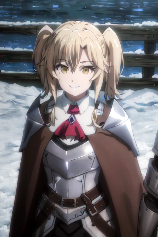 GoblinSlayer, NobleFencer, solo, girl1, looking at viewer, smile, brown eyes, cape, armor, shoulder armor, portrait, red ascot, snow, outdoor