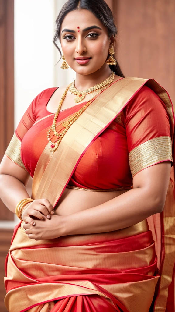 Foto RAW, photorealistic, photography, full body shot, master shot, perfect eyes, goddess like beauty, pierced eyes, perfect thick chubby mallu Desi aunty bhabhi, Full figured woman, juicy thick figure, bulky figure, curvy, fleshy curvy figure, voluptuous body, wide body, full figured aunty, Sexy navel folds, fleshy figure, heavy figure, Wearing a Stanapatta, a chest-band.Saree model, model Photography, Indian saree shoot, Indian traditional wear advertising photography, traditional wear brand shoot, face of Indian actress Sonakshi Sinha, masterpiece, realistic, realism, incredible details,  pleasure, photorealism, detailed skin, skin pores, high contrast, photorealistic Artstation 8k HD digital art trend of high definition and detailed realistic skin texture, ultra detail, realistic skin texture, armature, best quality, ultra high definition, (photorealistic:1.4),, high resolution, detail, raw photo, sweat, Re sharp, by Lee Jefferies Nikon D850 Film Stock Photo 4 Kodak Portra 400 Camera F1.6 Lens Rich Color Ultra Real Realistic Realistic Textures Dramatic Lighting Unreal Engine Trending at Art Station Cinestill 800,(pele altamente detalhada: 1.2), 8k UHD, DSLR, soft-lighting, alta qualidade, grain of film, Fujifilm XT3,she didn't like to wear blouse or bra, she is happy to wear only saree, she hates blouse or bra, detailed hairy armpits, hyper realistic skin, skin pores, sweat, veins, 