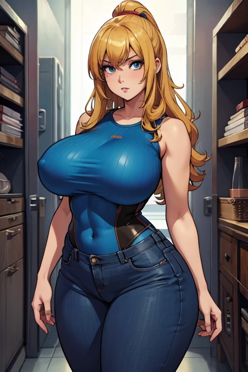 Samus aran in tight jeans and a blue top is posing for a picture, an album cover by Louisa Puller, instagram, tachisme, thicc, domme mistress, skinny waist and thick hips, thick thighs, tight outfit, tight attire, insanely inflated hips, thick, thick thigs, curvy, wearing tight simple clothes, huge breast,1solo,1girl,full body portrait, professional draw, professional photography 