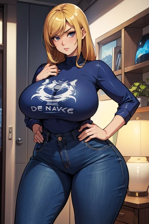 Samus aran in tight jeans and a blue top is posing for a picture, an album cover by Louisa Puller, instagram, tachisme, thicc, domme mistress, skinny waist and thick hips, thick thighs, tight outfit, tight attire, insanely inflated hips, thick, thick thigs, curvy, wearing tight simple clothes, huge breast,1solo,1girl,full body portrait, professional draw, professional photography