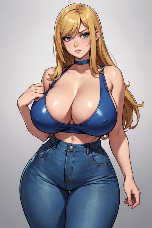 Samus aran in tight jeans and a blue top is posing for a picture, an album cover by Louisa Puller, instagram, tachisme, thicc,  mistress, skinny waist and thick , thick thighs, tight outfit, tight attire, insanely inflated , thick, thick thigs, curvy, wearing tight simple clothes, ,1solo,1girl,full body portrait, professional draw, professional photography 