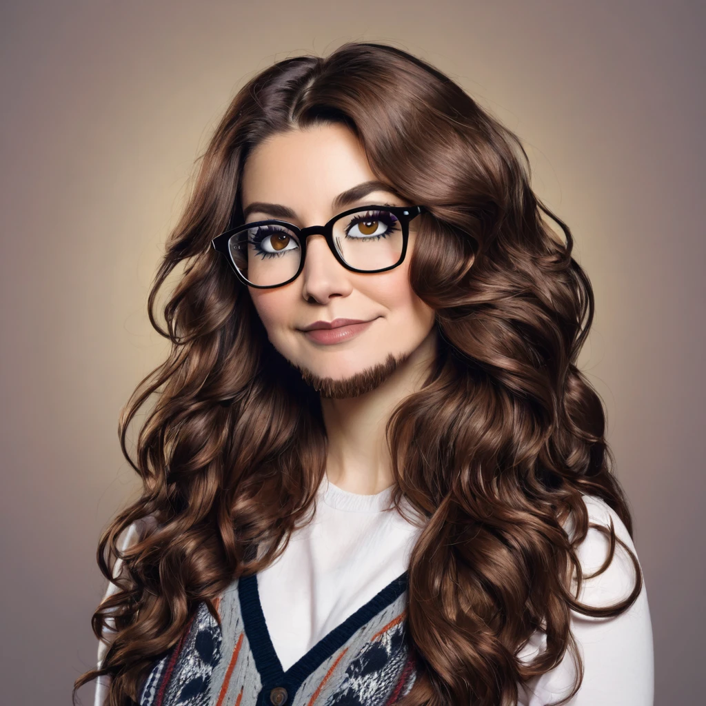 
bearded woman, long frizzy brown hair, wears glasses, geek nerd