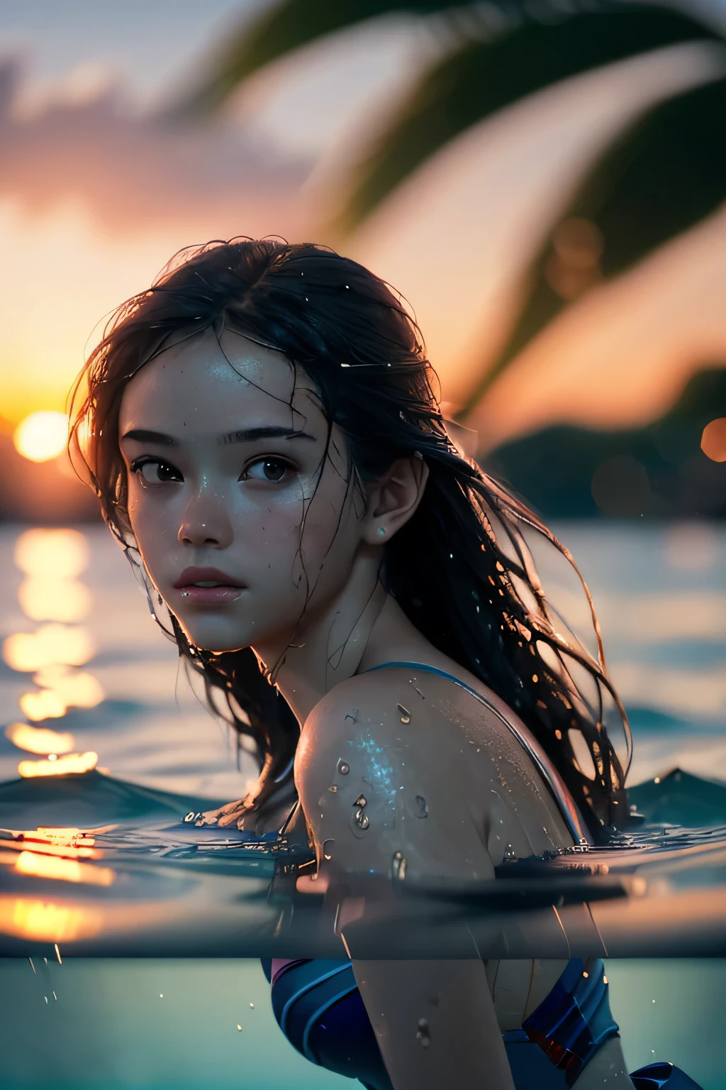 (masterpiece), (very complicated: 1.3), (realistic), portrait of a young girl, floating underwater, (dynamic perspective), the most beautiful in the world, (swimsuit), satin reflection, exterior, bright sunlight, distant plant group, stunning female professional photo details, sharp focus, dramatic, awards history, cinematic lighting, Octane Rendering Unreal Engine, dtx volumetry, (film grain, background blur, foreground blur, Bokeh, written boundary depth, sunset, motion blur: 1.3), (wet hair: 1.0),