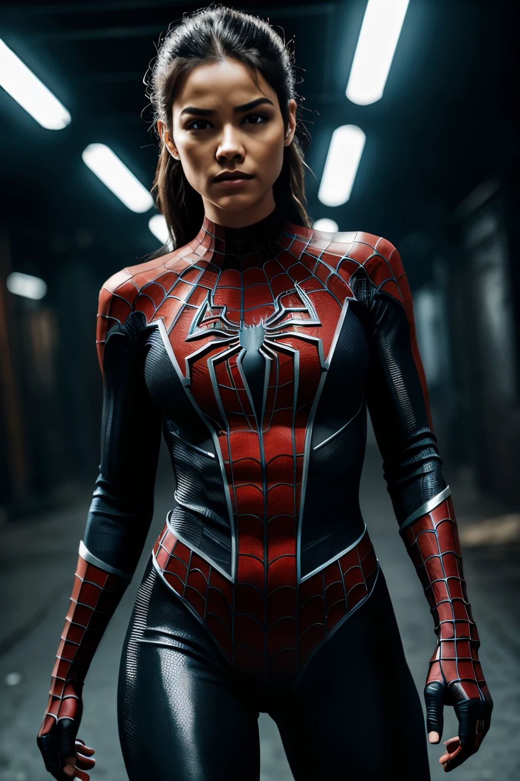 woman_with_black_spiderman_suit, {Spider-Girl:1} solo, action-packed, hyper-detailed, high-quality, ultra-realistic, dynamic pose, best resolution, 8K, cinematic, dark background, spider-emblem, detailed texture, realism, Sony a9, studio lighting, soft light, matte skin, vivid colors, visible pores, sharp focus, film grain, grungy industrial setting, extraordinary beauty, powerful, captivating, strong, determined, determined eyes, bold, iconic, epic, urban, extraordinary, photogenic, resolute, fearless, courageous, remarkable, badass, fierc