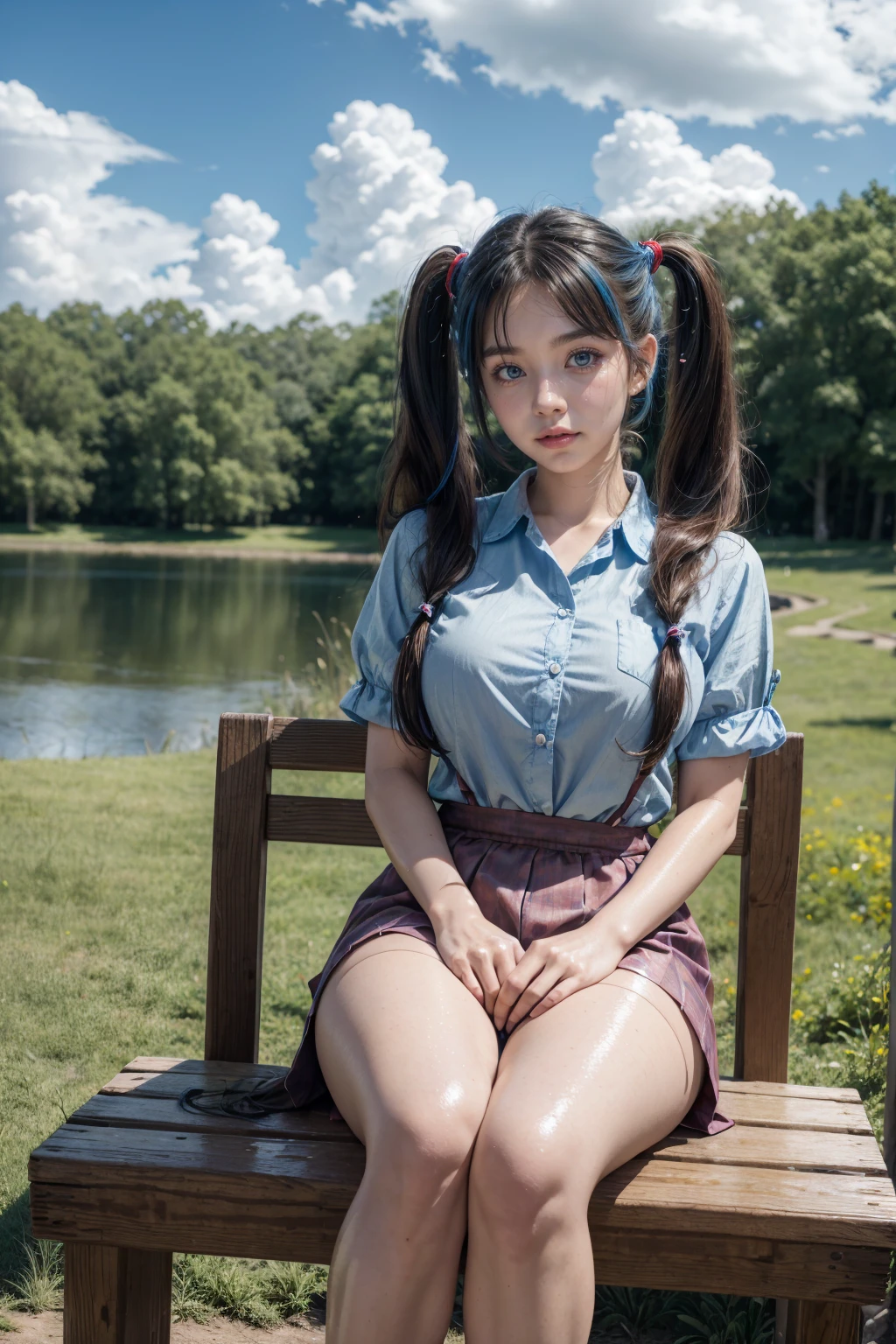 RAW, 1girl, solo, colorful, (masterpiece, best quality:1.3), (absurdres:1.3), (photorealistic:1.3), (detailed skin:1.3, detailed face:1.3), sitting, looking at viewer, sharp focus, delicate, (beautiful woman), (ulzzang-6500:0.2), (thick thighs:1.2, narrow :1.1), (shiny skin:1.4), light smile, (Blue_very_long_twintails:1.3),(big_eyes:1.2, blue_eyes), (brown_gloss_eyeshadow:1.2), red_lips, Red frilled shirt, white_suspender skirt / black_pantyhose, willow, wooden bench, flower, grass, lake, (cloudy sky:1.3), (rain:0.5), blossom garden, blue hair, blue shirt
