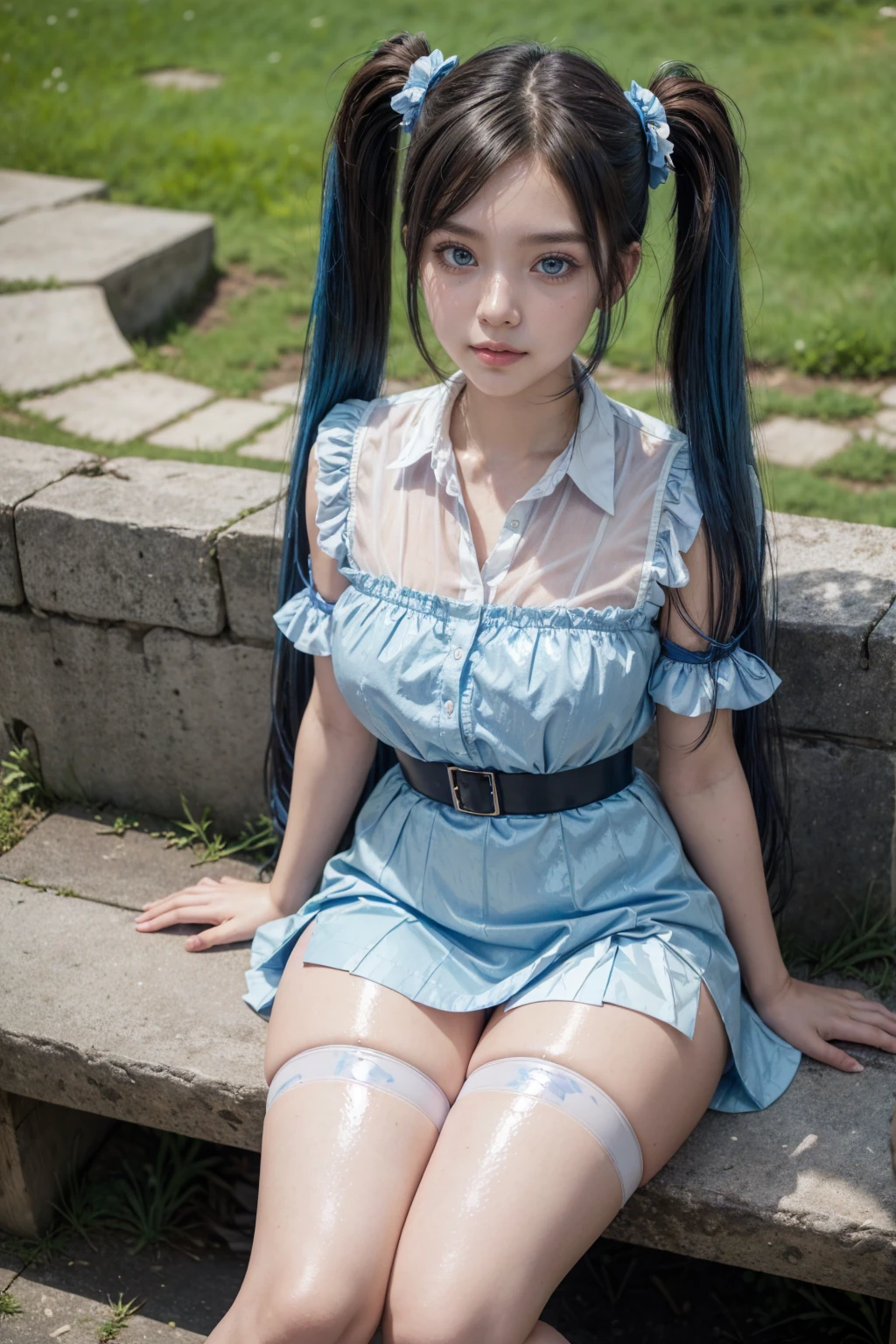 RAW, 1girl, solo, colorful, (masterpiece, best quality:1.3), (absurdres:1.3), (photorealistic:1.3), (detailed skin:1.3, detailed face:1.3), sitting, looking at viewer, sharp focus, delicate, (beautiful woman), (ulzzang-6500:0.2), (thick thighs:1.2, narrow :1.1), (shiny skin:1.4), light smile, (Blue_very_long_twintails:1.3),(big_eyes:1.2, blue_eyes), (brown_gloss_eyeshadow:1.2), red_lips, Red frilled shirt, white_suspender skirt / black_pantyhose, willow, wooden bench, flower, grass, lake, (cloudy sky:1.3), (rain:0.5), blossom garden, blue hair, blue shirt