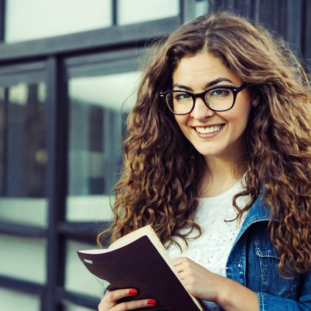 bearded woman, long frizzy brown hair, wears glasses, geek nerd