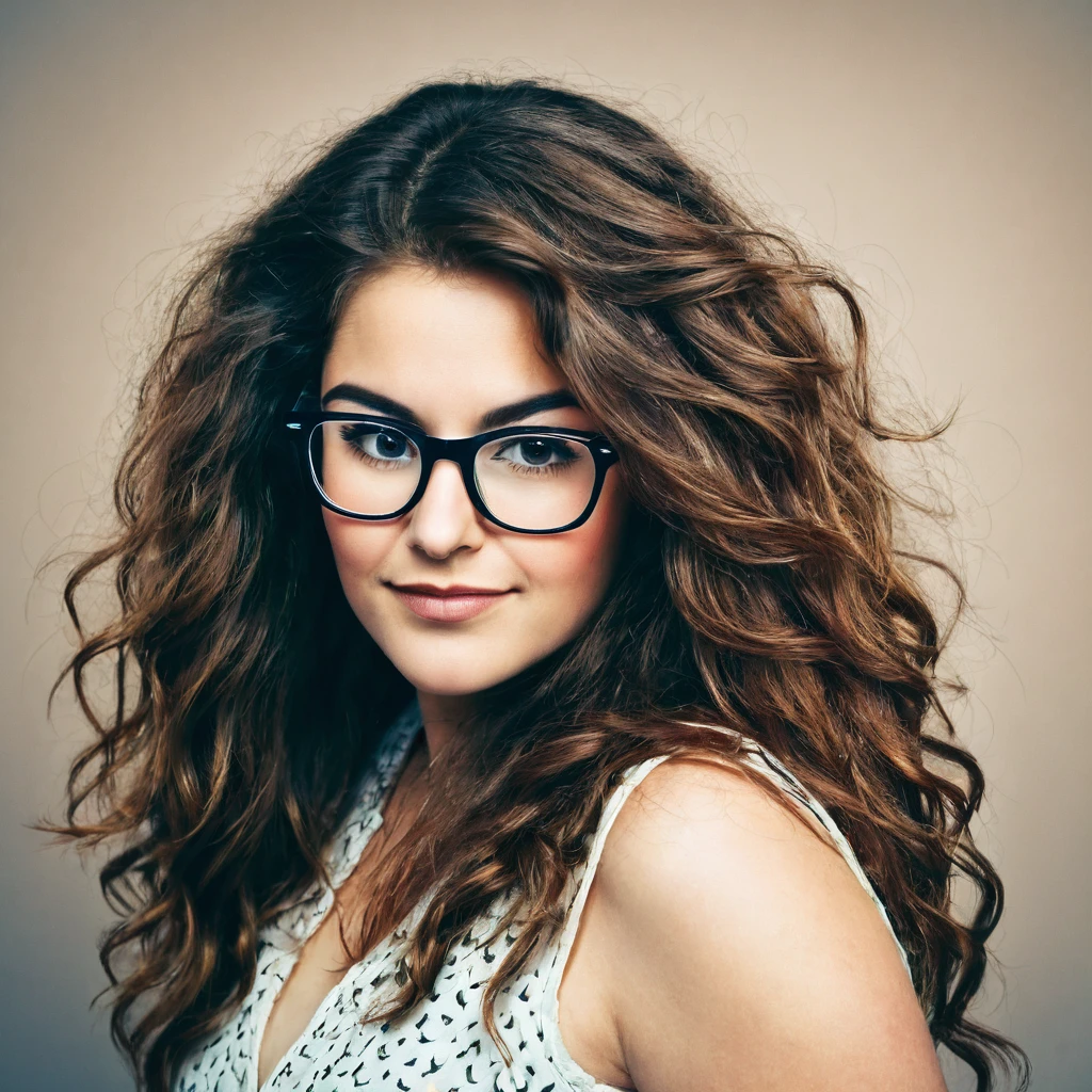 
bearded woman, long frizzy brown hair, wears glasses, geek nerd