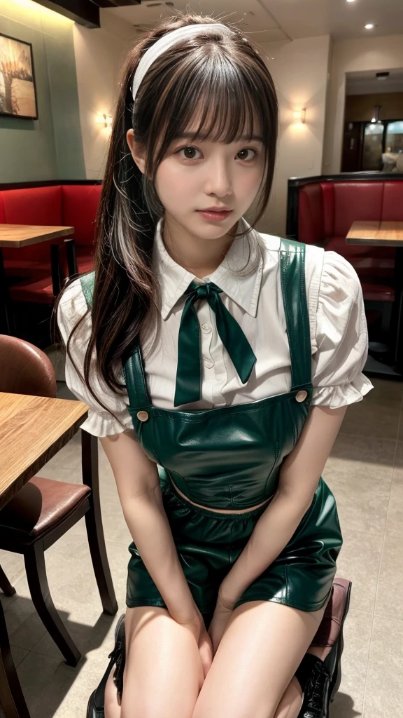 masterpiece, best quality, illustration, Super detailed, fine details, High resolution, 8K,wall paper, perfect dynamic composition, front view, full body, 18 year old girl, Gravure Idol, cute type, (Details High quality, realistic depiction of eyes:1.3), revealing clothes, low ponytail, bangs, black hair color, Dark makeup, Big Natural Color Lip, Emphasize the size of the breast, perfect body shape, plump figure, beautiful clavicle, Black leather jacket, BREAK (fusion of dirndl and short sleeve white collared-shirt with neck ribbon:1.4), ((A-line, underboobs, puff sleeves):1.3), ((deep-green Pinafore):1.3), thighs skin, (socks:1.3), (shoes:1.2), Restaurant, Serving customers inside the restaurant.