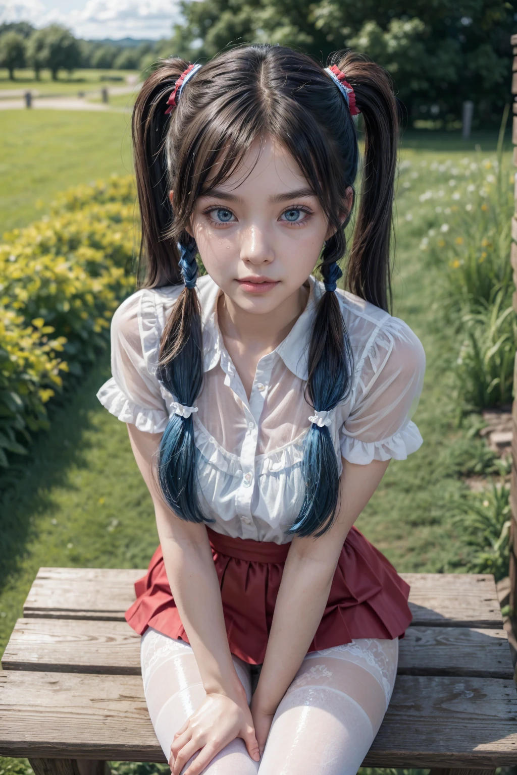 RAW, 1girl, solo, colorful, (masterpiece, best quality:1.3), (absurdres:1.3), (photorealistic:1.3), (detailed skin:1.3, detailed face:1.3), sitting, looking at viewer, sharp focus, delicate, (beautiful woman), (ulzzang-6500:0.2), (thick thighs:1.2, narrow :1.1), (shiny skin:1.4), light smile, (Blue_very_long_twintails:1.3),(big_eyes:1.2, blue_eyes), (brown_gloss_eyeshadow:1.2), red_lips, Red frilled shirt, white_suspender skirt / black_pantyhose, willow, wooden bench, flower, grass, lake, (cloudy sky:1.3), (rain:0.5), blossom garden, blue hair, blue shirt