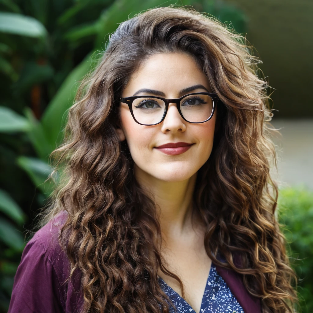 bearded woman, long frizzy brown hair, wears glasses, geek nerd