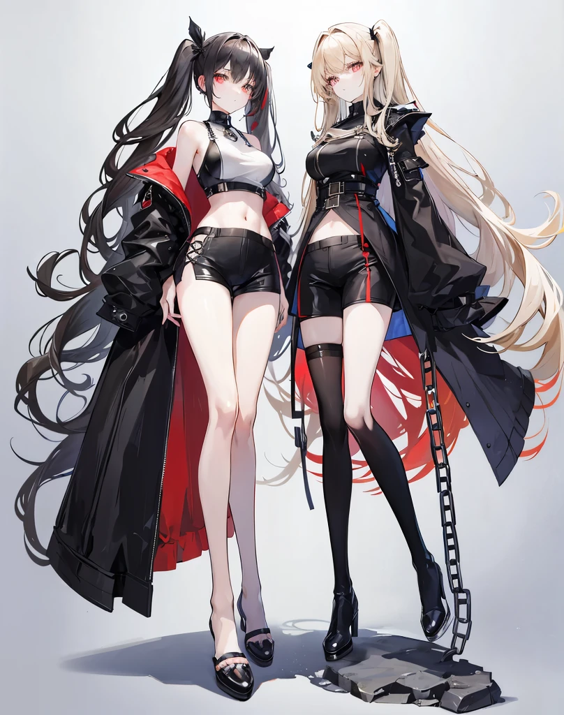 Twin tails,Hair colorbeige,Eyes red,((Voluminous Hair 1.8,Hair is clear 1.6)), Hair that falls over the shoulders, Very long hair, Shiny Hair,Beautiful girl,Black clothing,Belly button exposed,big black long coat,Black shorts,Black long boots,Perfect body,Tall and tall,Thinness,on simple background,Background white,(round, Medium Large, Firm breasts),Standing on a stone,chain,(Long legs,Long legs,Long legs,2 legs,Perfect leg shape),Full body photo。