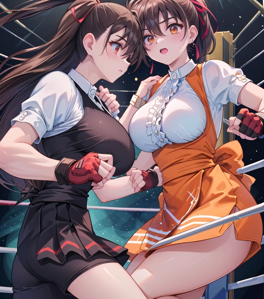 Highest quality,masterpiece, WWE Divas,Wrestling Arena,Wrestling ring background, Boxing ring background, scratch, Bruises Lack of stamina, Ryona, Hitting a girl, death is near,タケユカ 超ロングヘア ヘアribbon, Frilled shirt, Underbust, ribbon, Fingerless gloves, White gloves, Waist apron, Orange Skirt, socks, Toeless legwear,