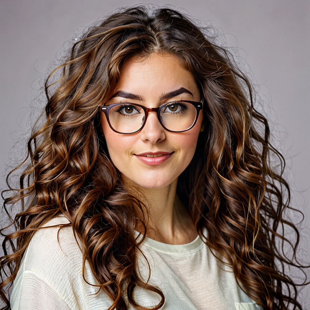 
bearded woman, long frizzy brown hair, wears glasses, geek nerd