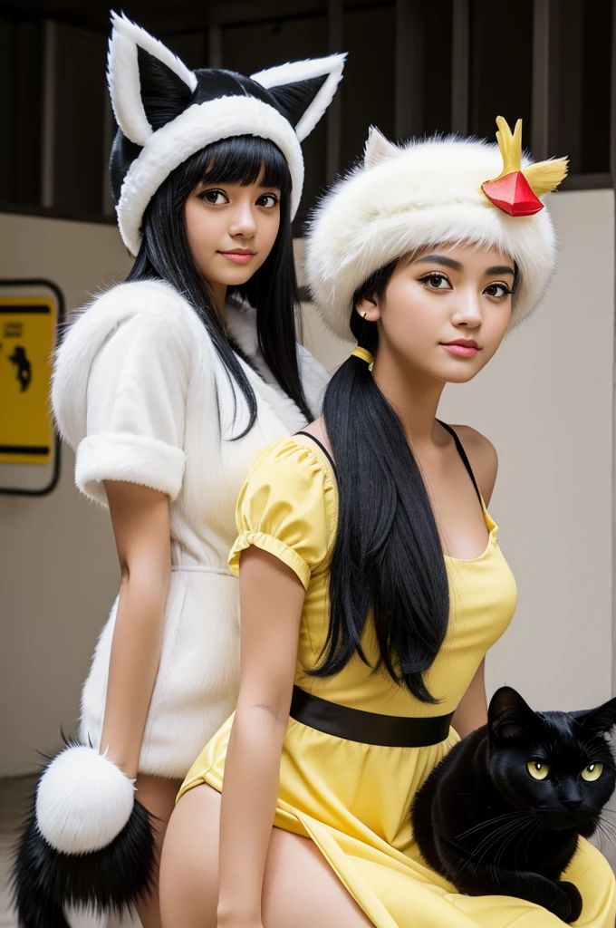 black hair girl, with a yellow dress and light eyes, white fur and a chicken hat, with a girl with black hair and black cat ears and white fur black cat tail