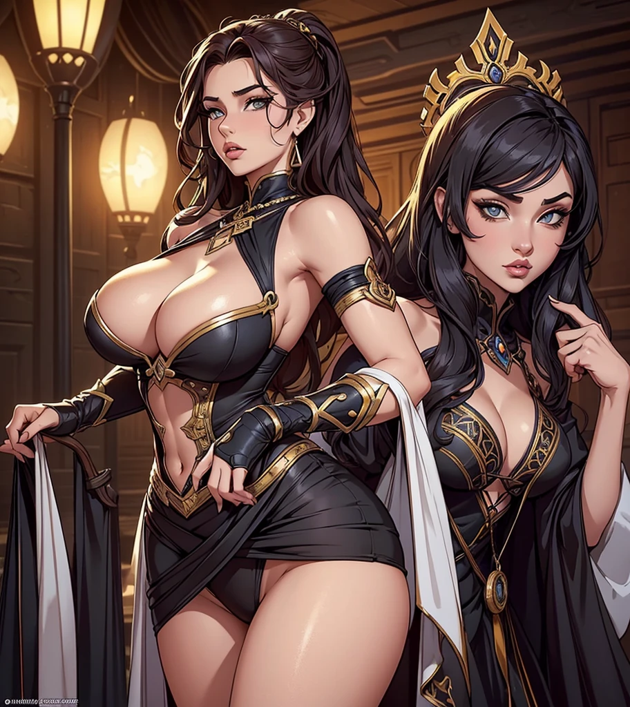 (((Solo character image.))) (((Generate a single character image.))) She looks like a combination of Anastasia Kvitko and Louisa Khovanski. (best quality), (masterpiece), (detailed), vibrant, highly detailed, (cute woman:1.2,1girl, solo), (pale skin:1.2), (beautiful, 20 years old:1.5), (huge chest), Design a captivating female adventurer character for a Dungeons & Dragons campaign. She's a versatile and enigmatic character who embodies stunning beauty, mischief, and a hint of risqué attitude. Her style of dress should be memorable, and she should exude an aura of mystery that keeps both allies and enemies on their toes. Appearance: Create a striking and captivating character. She should have an alluring and enigmatic presence. Her features should be both beautiful and unique, making her stand out in any setting. Clothing: Her attire should be stylish and daring, with a touch of the exotic. Think about intricate designs, flowing fabrics, and bold, risqué elements that reflect her confidence and daring nature.