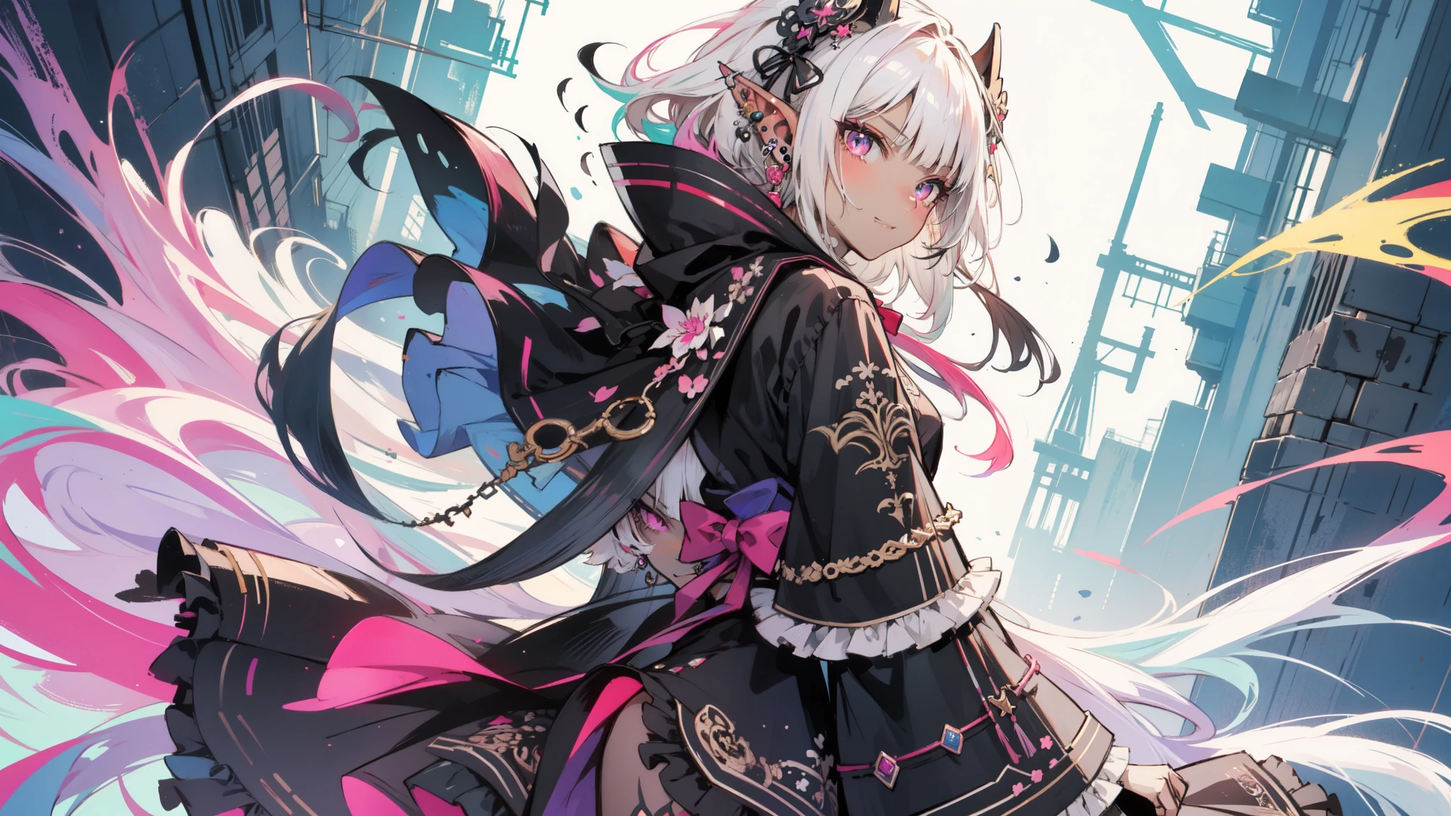 (​masterpiece, top quality, best quality, offcial art, beautiful and aesthetic:1.2), ((Dark Elf)), ((1 girl)), extremely detail, (Fractal Art:1.3), colorful, highest level of detail, Cowboy-shot, from behind,  in the style of Artgerm, von Wadim Kashin, by kawacy, By Yoshitaka Amano, romper, insanely detailed face, Details Eye, blunt bangs, white hair, (hair between the eyes), eyelashes, Violet eyes, eyeshadows, pink eyeshadows, (dark skin:1.2), glaring, smile, romper, corsages, jirai kei, (jirai kei vogue:1.1), Ruffles, the skirts, Various accessories, (ear piercing), punk style, Japanese subculture, vogue, Socks, colorful, (dark circles:1.2),