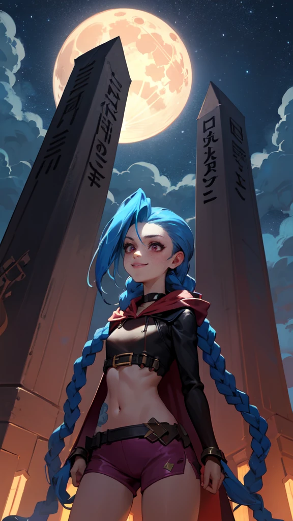 ((best quality)), ((highy detailed)), artwork, , (1 girl), (standing alone), dynamic pose, cowboy shot, (((very wide shot))), Jinx \(League of Legends\), hair blue, ((very long hair)), twin braids, pink eyes, tattoo's, breasts small, he used to smile, ((Hooded cape, long sleeves)), gym shorts, (out, in a temple, the night, night sky, stele, fullmoon, Hurricane)