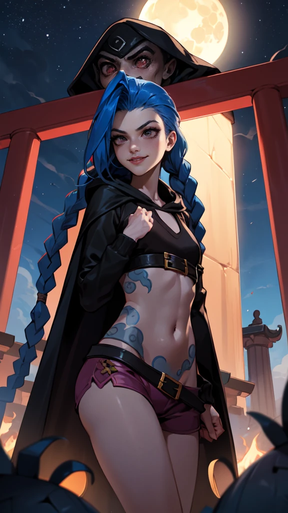 ((best quality)), ((highy detailed)), artwork, , (1 girl), (standing alone), dynamic pose, cowboy shot, (((very wide shot))), Jinx \(League of Legends\), hair blue, ((very long hair)), twin braids, pink eyes, tattoo's, breasts small, he used to smile, ((Hooded cape, long sleeves)), gym shorts, (out, in a temple, the night, night sky, stele, fullmoon, Hurricane)