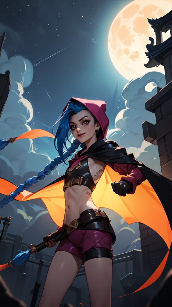 ((best quality)), ((highy detailed)), artwork, , (1 girl), (standing alone), dynamic pose, cowboy shot, (((very wide shot))), Jinx \(League of Legends\), hair blue, ((very long hair)), twin braids, pink eyes, tattoo's, breasts small, he used to smile, ((Hooded cape, long sleeves)), gym shorts, (out, in a temple, the night, night sky, stele, fullmoon, Hurricane)