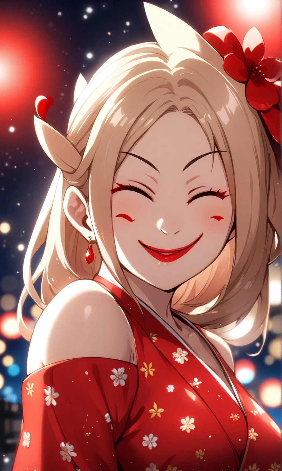 ((One personの女性)), Beautiful Face, ((恥ずかしそうにsmile)), (smile),((Wink:2.1)),((Waving to the audience:1.3)), (Tilt your head:1.3), 口を大きく開けてsmile,((Bright red cheeks:1.4)),Shiny red lips,night,横浜みなとみらいのnight景, firework,口を開けてsmile,Glossy pink lips,Facial Lighting,((Anime style background)),masterpiece, Highest quality, so beautiful,Latest, Complex details, (Four fingers and a thumb), (Pink long nails),(ring),(Colorful Bracelets),(choker),AI-generated, Complex,High resolution, Highest quality, super high quality,3D Images、3D Images,One person,Long blonde hair,High Ponytail,(Turquoise Eyes),Anime woman posing for a photo, ((fine grain、Colorful eyes、Shining Eyes:1.3)),(Squint your eyes:1.1),a hyperRealistic , hyperRealistic , Realistic,Anime woman with long white hair, Smooth anime CG art, A woman in a colorful kimono with gold embroidery, (Pink long-sleeved kimono),Red floral pattern,Long flower hair ornament,Earrings,Mature Body,(Big Breasts:1.1),expensive,Abdominal muscles,Tight waist,(Zoom up to face:1.5,(Front view),