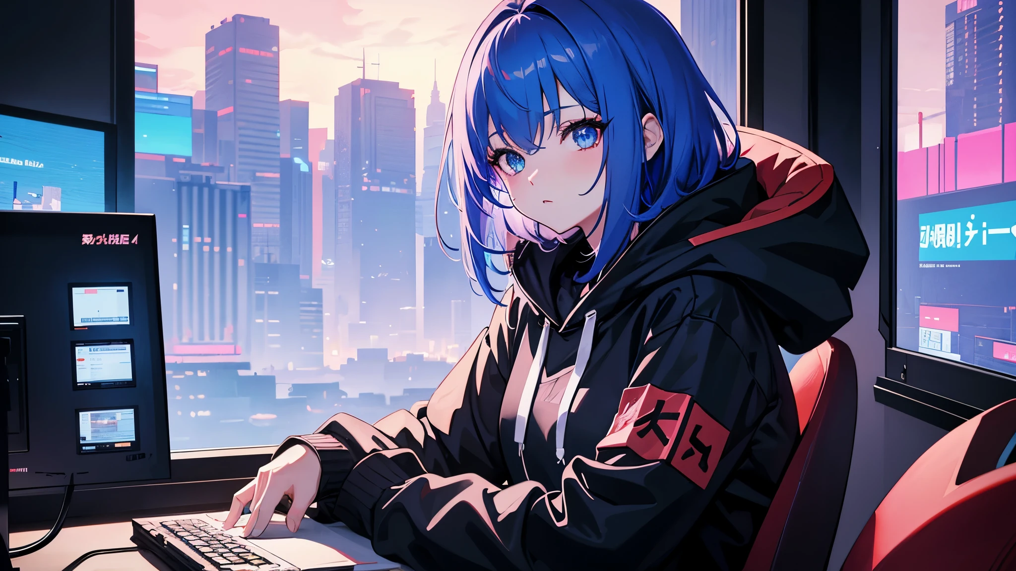Himeko Honkai Impact,pastel colors、Dome、cute little、Musical background, 1 girl, Wear sci-fi clothes,Request to follow, Wasser-Science-Fiction, most absurd, High Resolution, ultra sharp, 8K, masterpiece, Viewers look at,masterpiece, good quality, highres, most absurd, Ultra-detail, 8K, 1 girl, Plating grains of hair, Blue hair, multi-colored hair, Gradient hair, Viewers look at, colorful eyes, colorful hoodie, (Science-Fiction-Stadt), portrait, Anime figure sitting on a desk with a computer and a monitor, Digital Cyberpunk Anime Art, Best Anime 4k Konachan Wallpaper, Trends on Artstation Pixiv, Anime-Stil 4 K, Digital cyberpunk - anime art, guweiz on pixiv artstation, Hand not visible