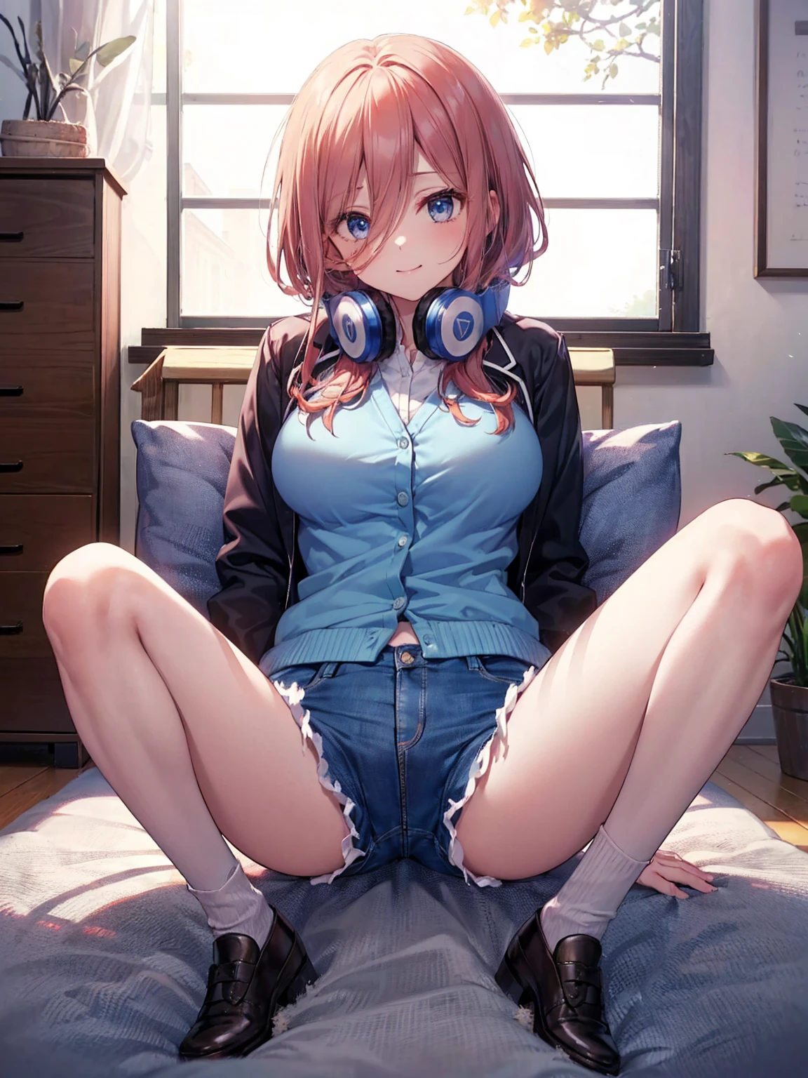 (8K, Highest quality, Highest quality, masterpiece), sit on the floor, (denim hot shorts), (mini shorts), big breasts, ((spread legs 1:2)), nm1, headphones around neck, long sleeves, blue cardigan, pantyhose, (fullbody), smile, school uniform, open jacket