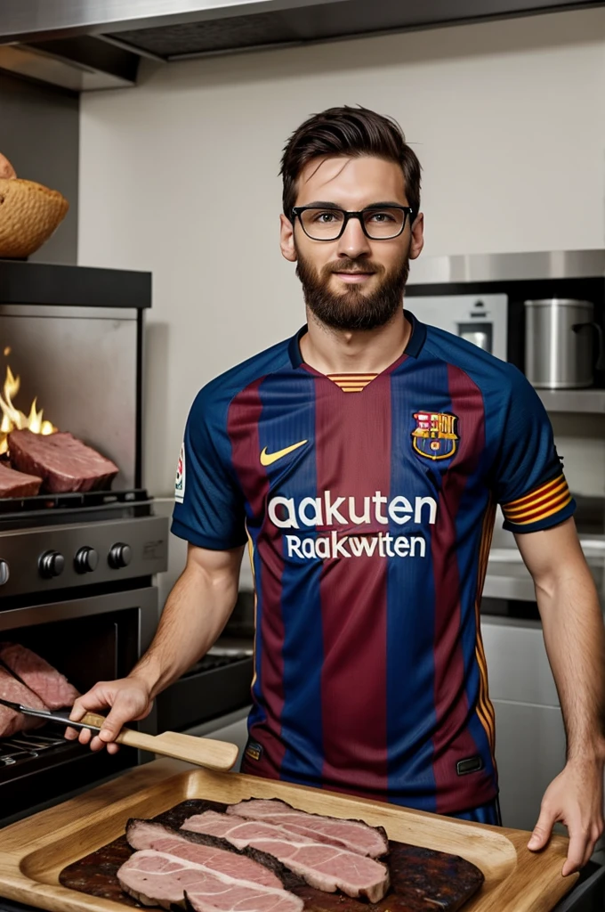 An image of a young dark-haired man, with beard and glasses, of 1.62 and with a Barcelona shirt next to Messi, roasting meat