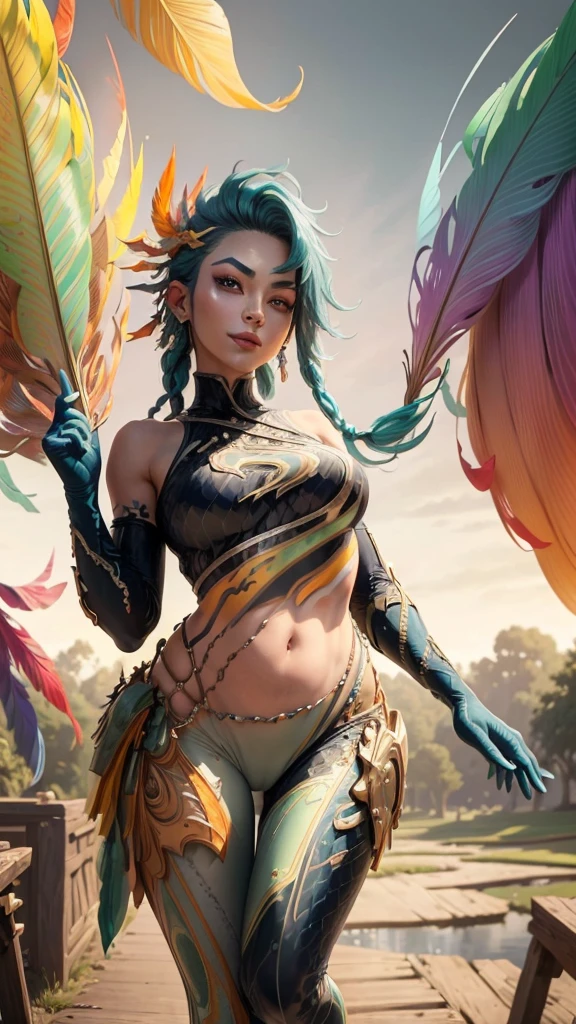 (masterpiece, top quality, best quality, official art, beautiful and aesthetic:1.2), (1girl:1.3), extremely detailed,(crotch tattoo), transparent top clothing, (fractal art:1.1),(colorful:1.1)(feathers:1.3),highest detailed,(zentangle:1.2), full body, (abstract background:1.3), (shiny skin), (many colors:1.4), ,(earrings), best quality, ultra-detailed, super detailed skin, cute, extremely detailed, 8K, solo, single, dynamic angle, beautiful female, belly button, blash, smile, uncensored, motion, fine fingers, navel, croptop, two-tone hair color, HDR, wind, perfect hand, active, ART STYLE