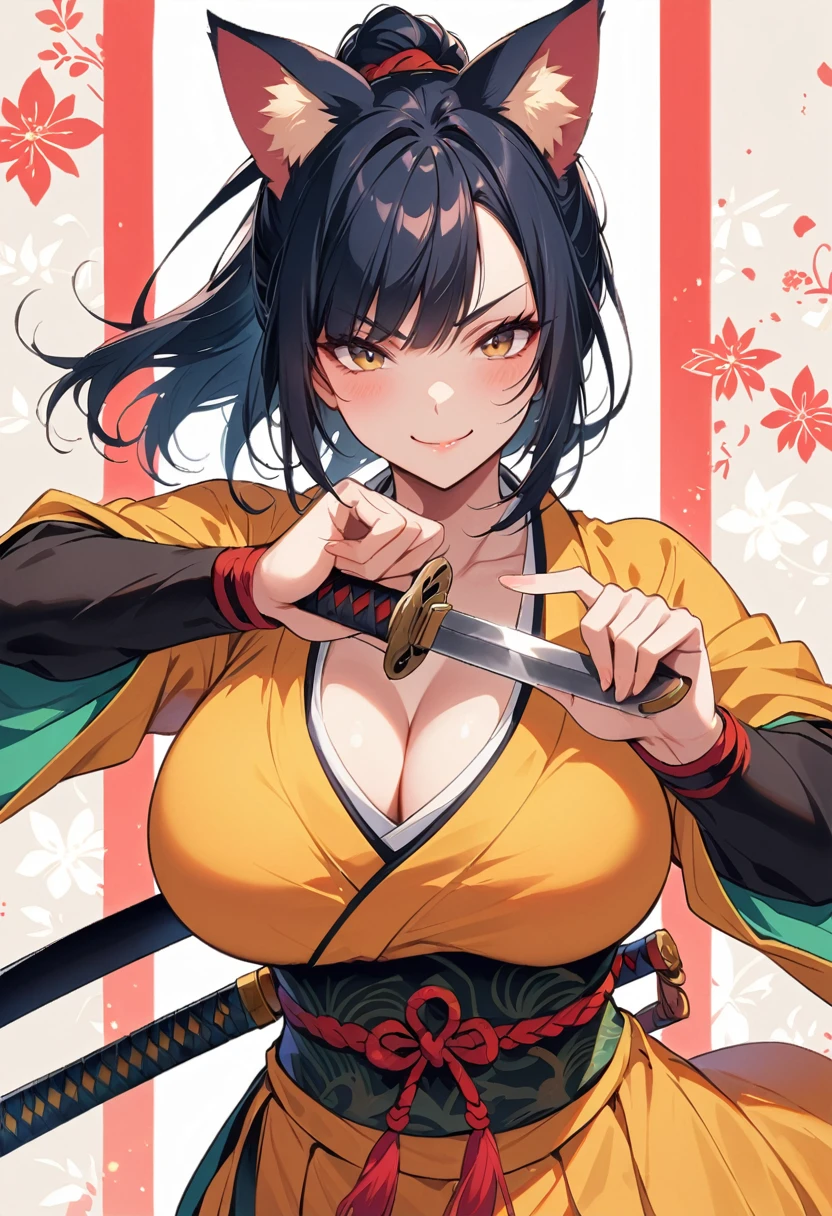 female samurai,with cat ears, big breasts can be seen, winks at the viewer, Smiles, Sword in both hands