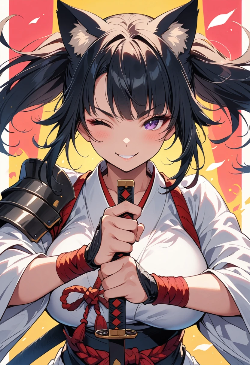 female samurai,with cat ears, big breasts can be seen, winks at the viewer, Smiles, Sword in both hands