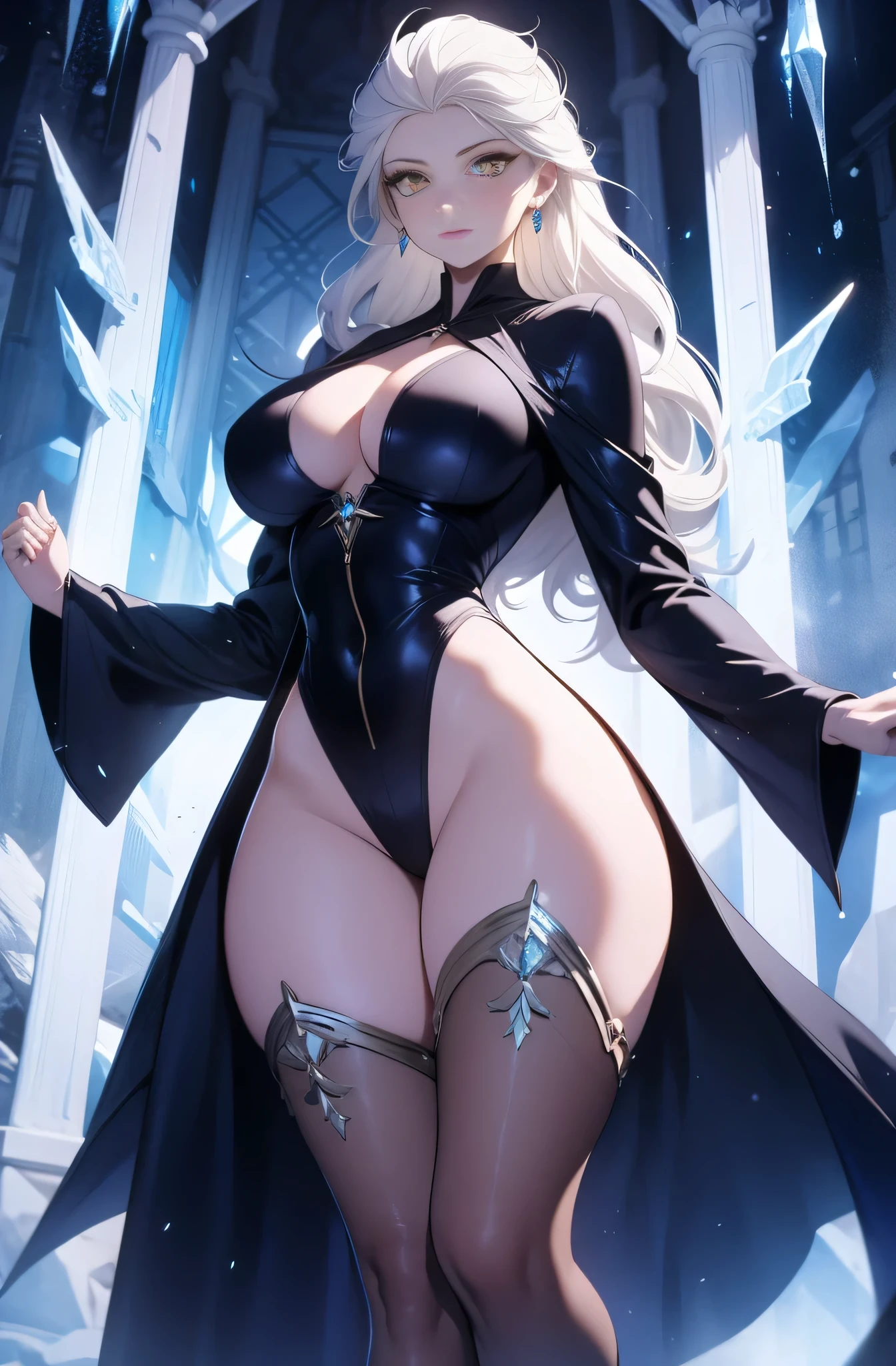 female, solo, young, sexy body, voluptuous figure, tightsuit, white hair, decolored blonde hair, ice effects around, ice queen, beautifull face, long hair, defined body, yellow and bright eyes, thick legs, strong legs, tall, Voluptuous legs, huge ass, big hip, big ass, female sorcerer, blue and black robes,