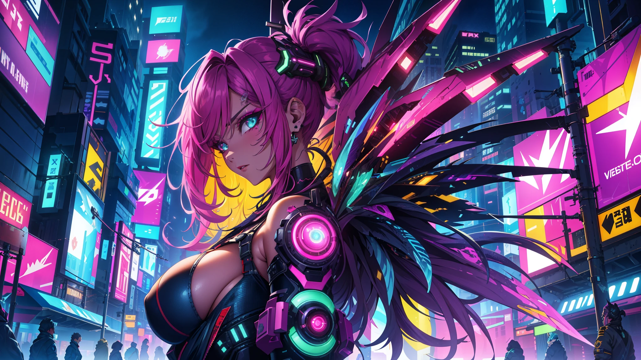 (extremely detailed CG Unity 4k wallpaper),(​masterpiece),(best quality),(Ultra-detail),(best Illustration),(Best Shadow),(most absurd),(detailed background), cyberpunk girl, You look lonely, showing, From Side View, View of another, neon lights, smug facial expression, Sehr detailed face,Harajuku-inspiriertes Pop-Outfit, bold colors and patterns, eye-catching accessories, trendy and innovative hairstyle, Vibrant makeup,Dazzling cyberpunk cityscape, sky-scrapers, neon signs, LED lights, Bright and vibrant color scheme, アニメ, Illustration, detailed skin structure, detailed fabric structure, Beautiful, detailed face, Intricate detailing, ultra detailed