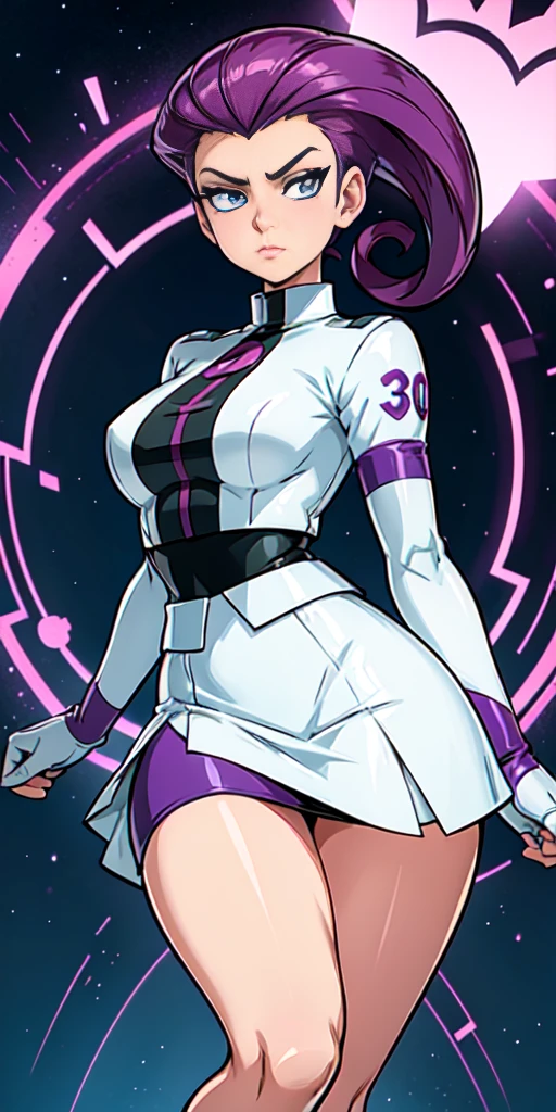 pokemon jessie, slicked back hair, wide,purple hair,Blue eyes, Team Rocket ,Team Rocket uniform ,((300% this transparent: white 30% Skirt, Cultivation 30% above)),Thighs,elbow gloves