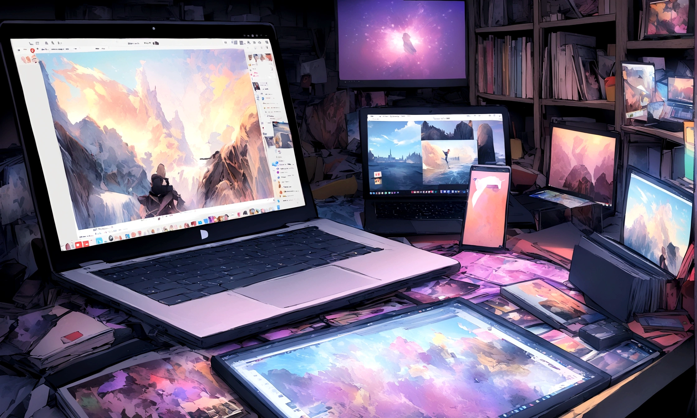 The protagonist sits at a cluttered desk with their laptop open. The screen shows a YouTube video editing software. Tabs at the top include a “sea art” website.