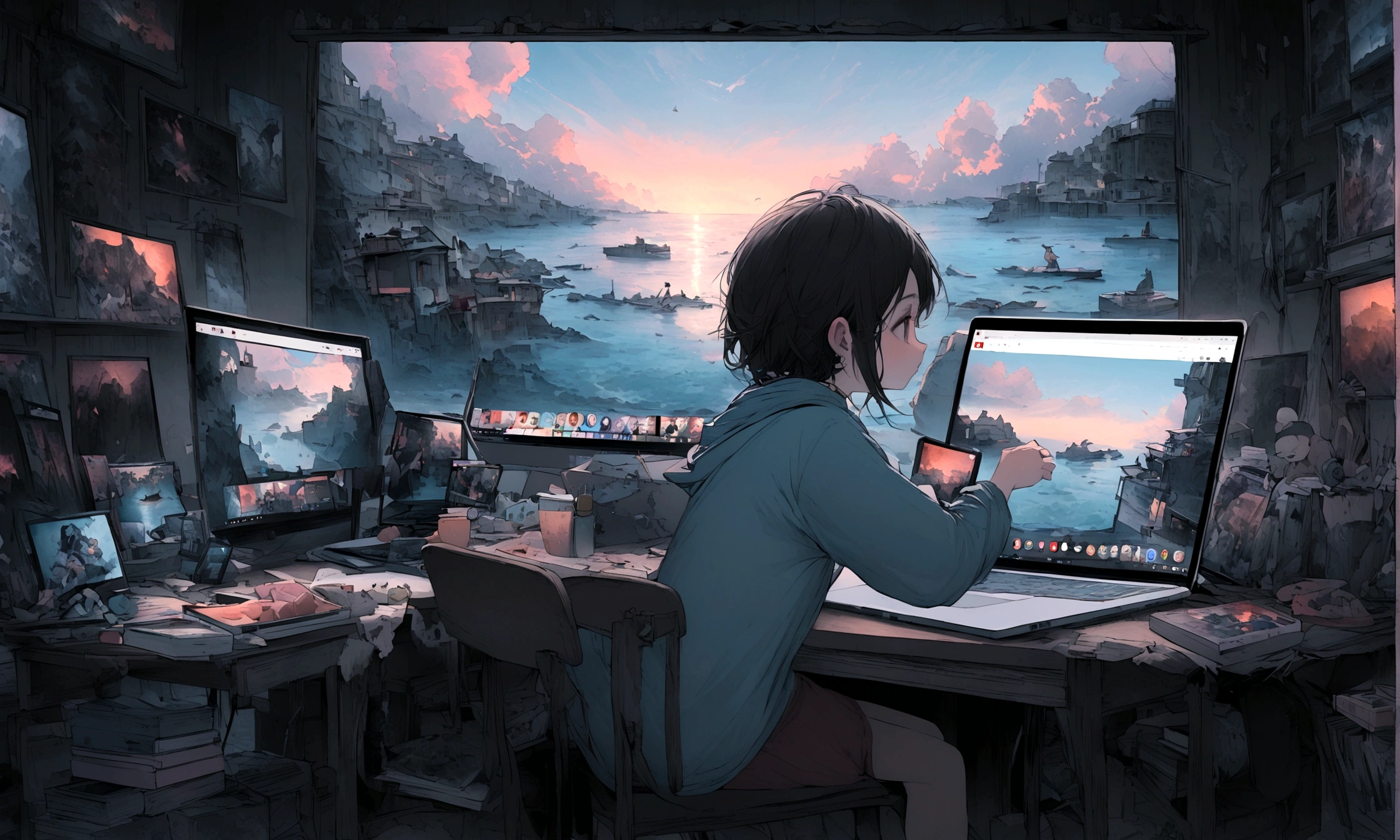 The protagonist sits at a cluttered desk with their laptop open. The screen shows a YouTube video editing software. Tabs at the top include a “sea art” website.