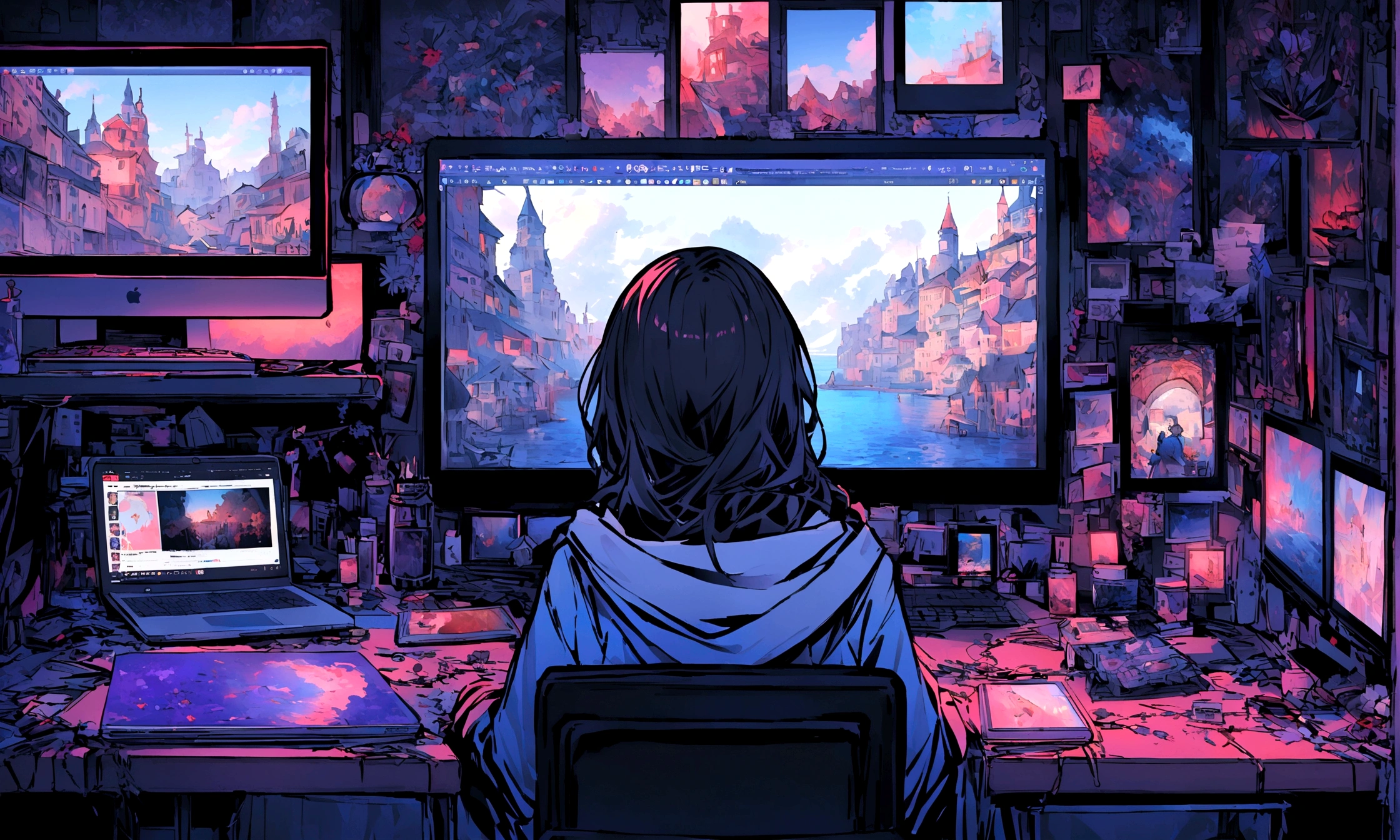  The protagonist sits at a cluttered desk with their laptop open. The screen shows a YouTube video editing software. Tabs at the top include a “sea art” website.