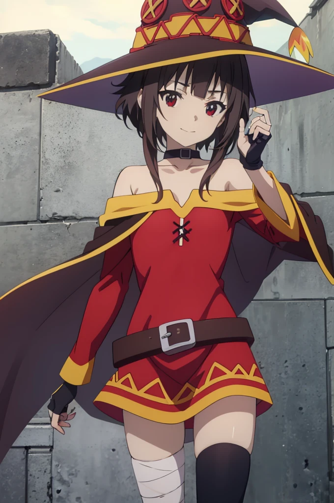 masterpiece, best quality, high resolution, best illustration, super fine illustration, (official art:0.6), (anime screencap:1.2), detailed beautiful face and eyes, anime keyvisual, perfect anatomy, 8k portrait, detail focus fingers, 
1girl,
Megumin \(konosuba\),
short hair with long locks,
brown hair, 
(red eyes:1.2), 
witch hat, black choker, black gloves, fingerless gloves,  
small breasts, 
off-shoulder dress, red dress, brown cape, long sleeves, single thighhigh, asymmetrical legwear, bandaged leg,
smile, 
looking at viewer, 
cowboy shot, 
dynamic pose, 
natural light, background of outdoors, forrest, 