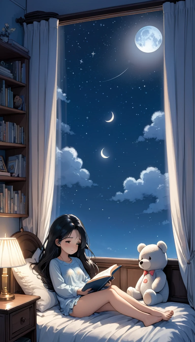 lineart,
1girl, solo, long hair, black hair, long sleeves, sitting, sky, shorts, barefoot, cloud, indoors, pillow, book, bare legs, window, bed, night, on bed, stuffed toy, moon, stuffed animal, curtains, star (sky), night sky, desk, starry sky, bubble, teddy bear, pajamas, clock, bookshelf, lamp, bedroom, crescent moon, shelf,