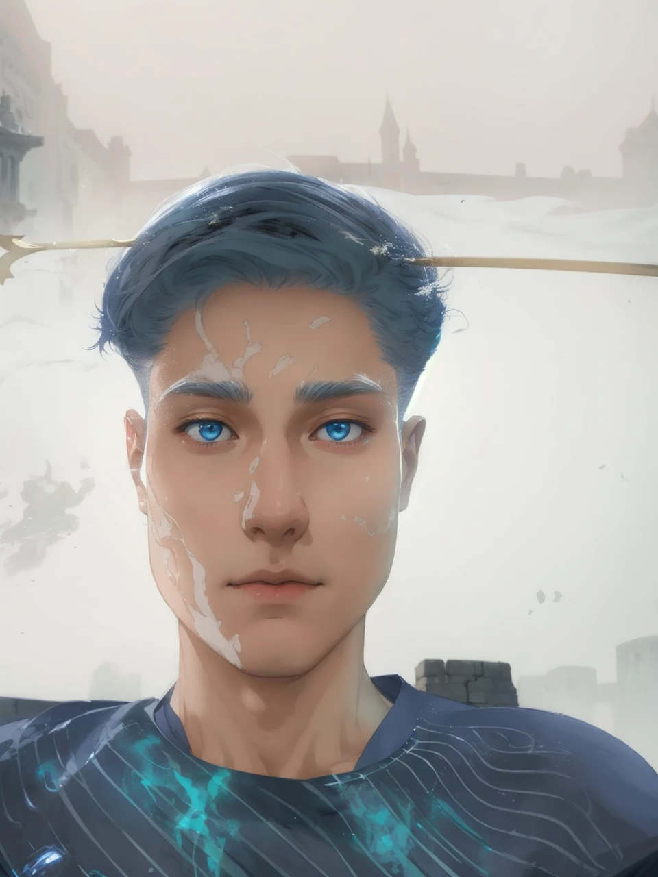 elegant man, Healthy body, white coat, White Arabic pants, light blue blouse, white boots, messy light blue hair, The appearance of satisfaction, short hair, dark blue eyes, Noble character, holding a silver spear, ancient castle, Medieval setting.