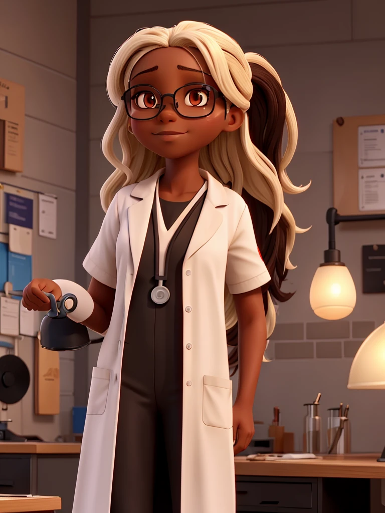 Create a nurse, brown skin tone, indigenous type, long black hair and blonde highlights, wearing a labcoat, stethoscope and glasses. 