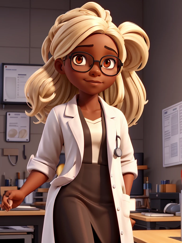 Create a nurse, brown skin tone, indigenous type, long black hair and blonde highlights, wearing a labcoat, stethoscope and glasses. 