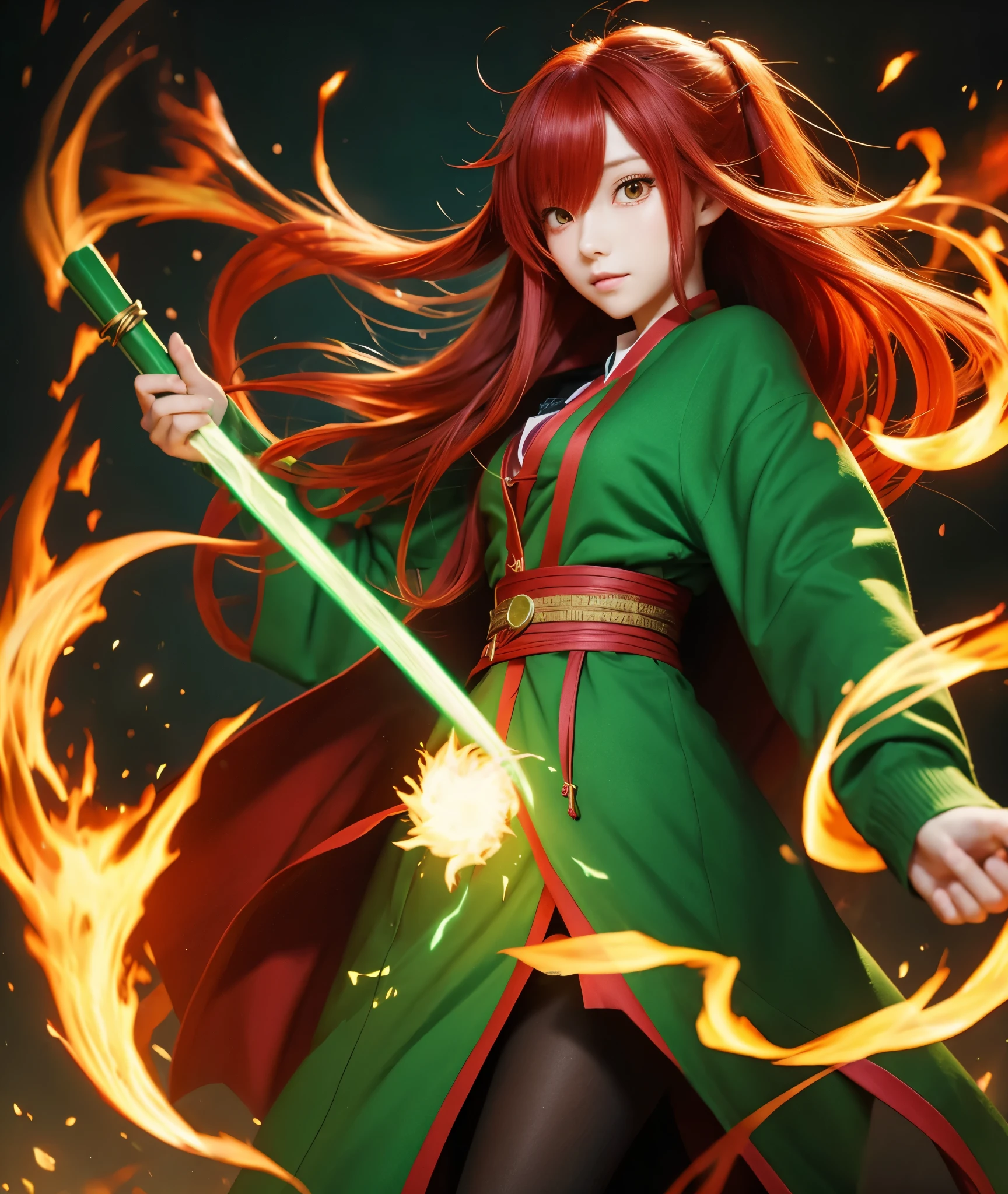 Anime Style、Red hair、long hair、Green cardigan、Wizard、Cane、Fire Magic