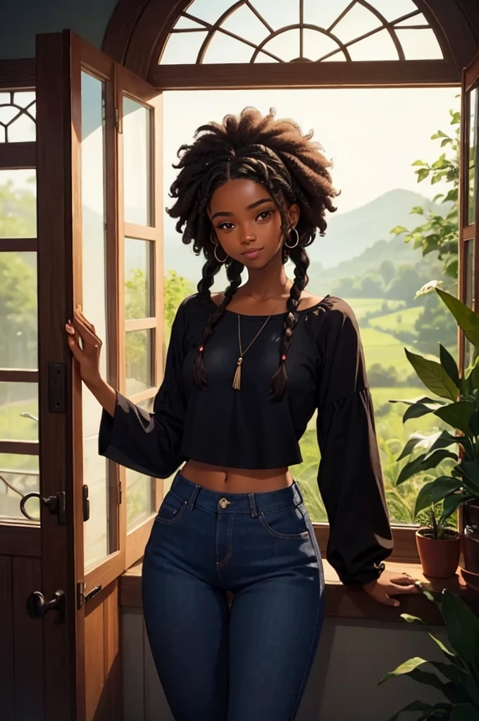 very dark-skinned Black girl, afro braided hair, wide jeans and loose fitting top, standing,  looking outside the window, big nature view smile on the face, delicate and elegant. cozy room with plants and books. By window with big countryside view. stylish fashion, best quality, realistic, masterpiece